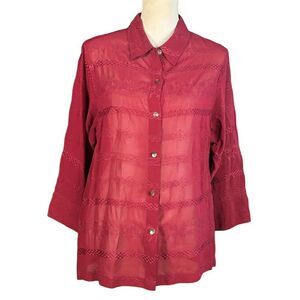 Chico's Blouse Size Large Red Sheer Button Down 3/4 Sleeves Embroidered Holiday